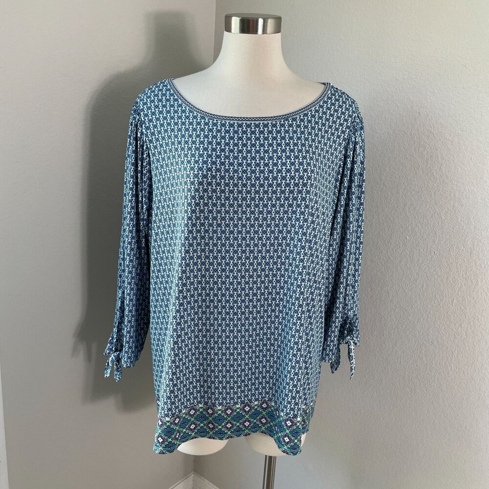 Max Studio Womens Plus 2X Blue Green Printed Blouse Tie Sleeve Stretch Tunic Top